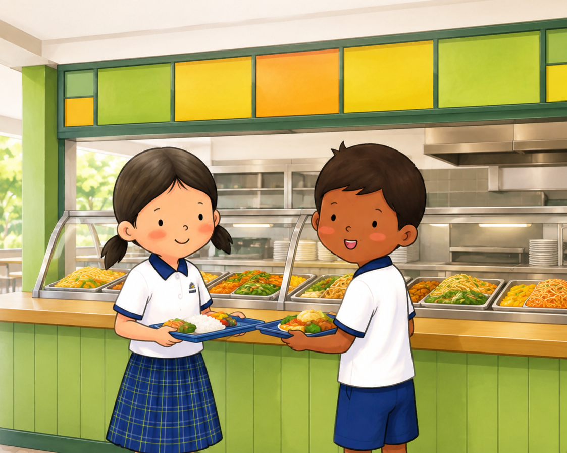 two students buying food from the canteen stall